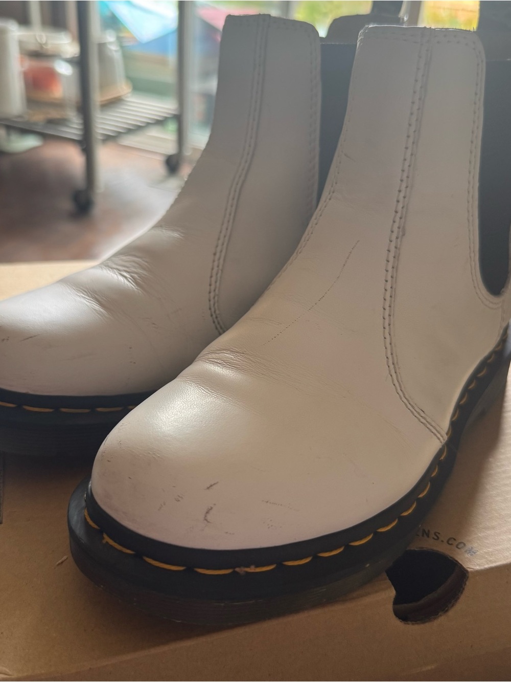 Dr. Martens White Leather Chelsea Boots. Some scratches but soles are perfect.
